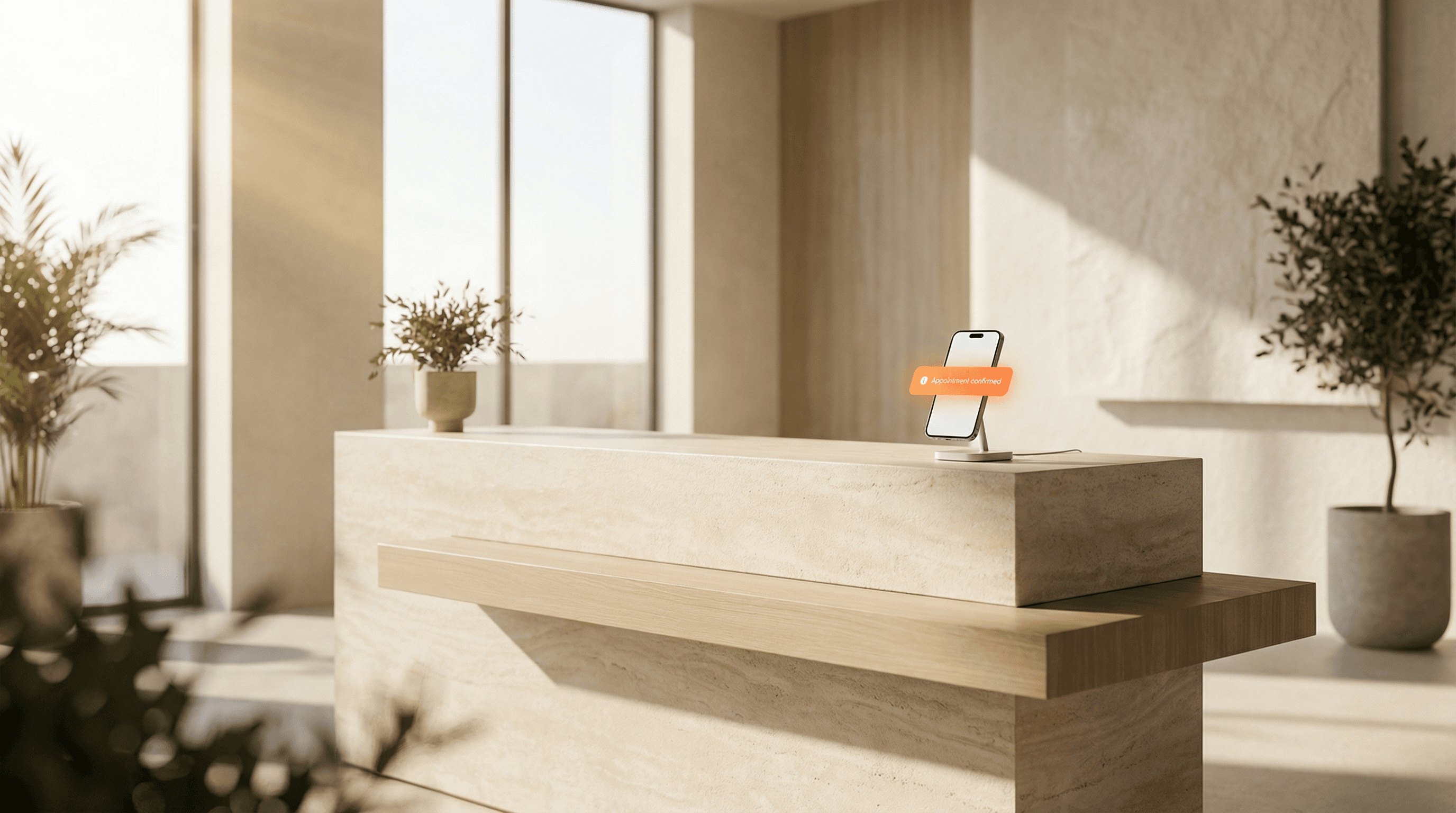 Bright spa reception desk with appointment confirmation