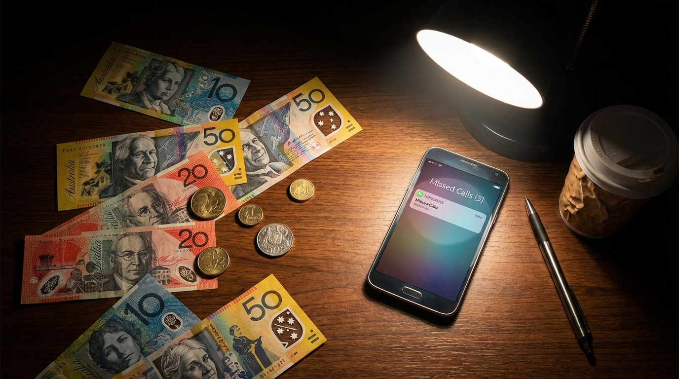 Money lost to missed calls — Australian dollars next to a phone showing missed calls