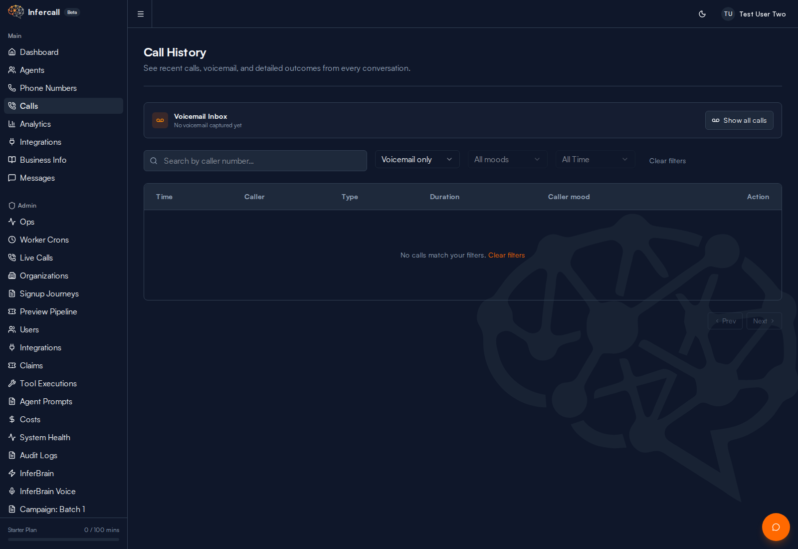 Calls page with voicemail inbox filter selected